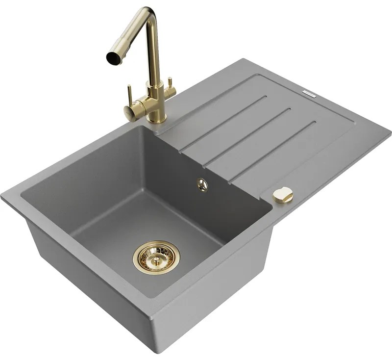 Mexen Bruno, 1-komorový granitový drez s odkvapkávačom 795x495x200 mm a zlatá batéria Duero, šedá, 6513-71-671600-50