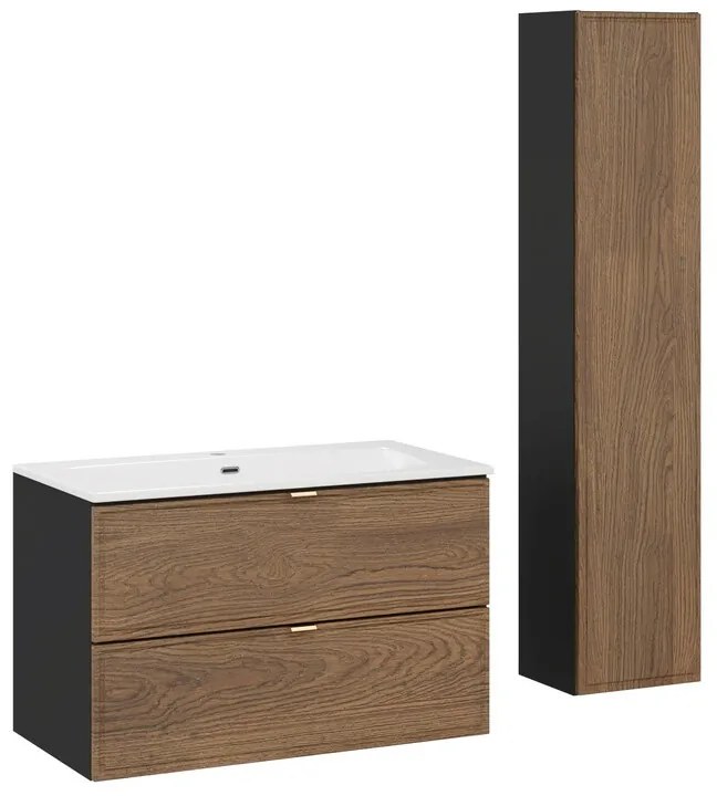 Koupelnová sestava s deskou, skříňkami a zápustným umyvadlem Talia Casella 80 cm černý mat/dub casella