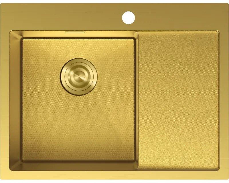Mexen Exar, 1-komorový nerezový drez s odkvapkávačom, ľavý, 620 x 480 mm, brúsená zlatá, vzor voština, 6431621005L-55HC