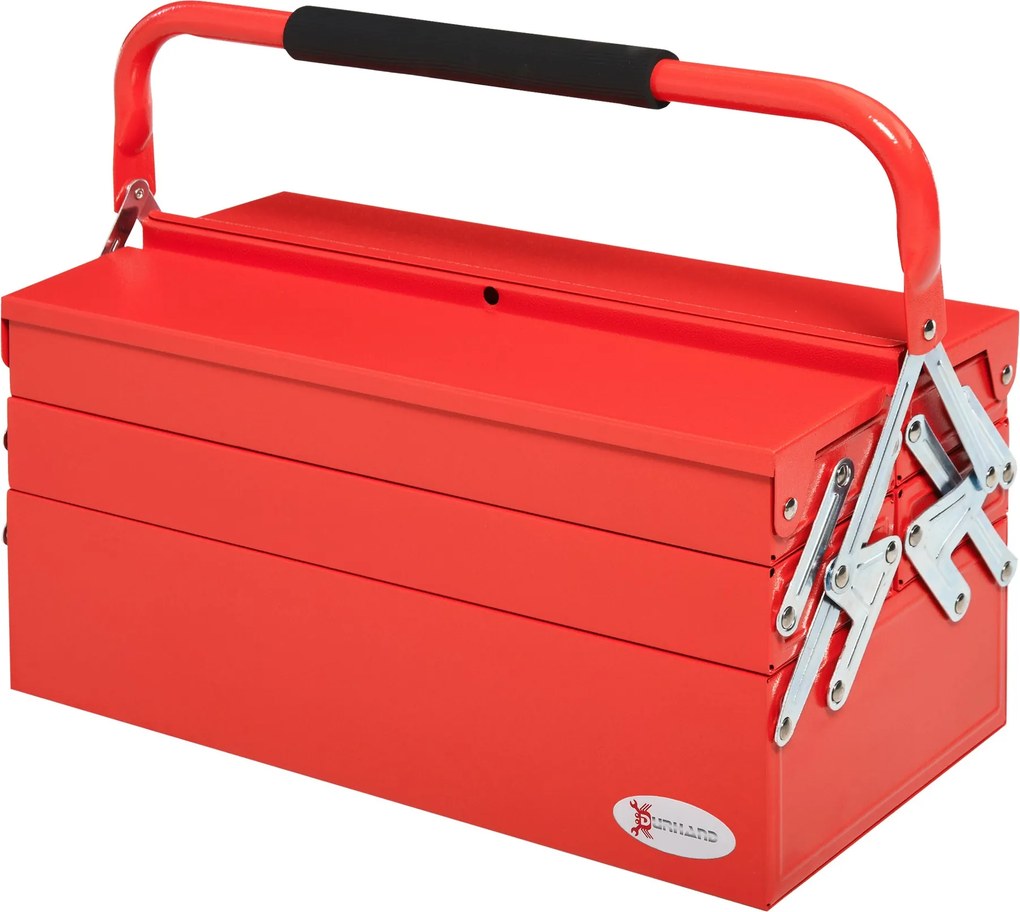 DURHAND Pracovná skrinka na náradie - prázdny toolbox šetriaci priestor s 5 priehradkami, skladací stabilný oceľový (SPCC) červený 45 x 20 x 34,5 cm |