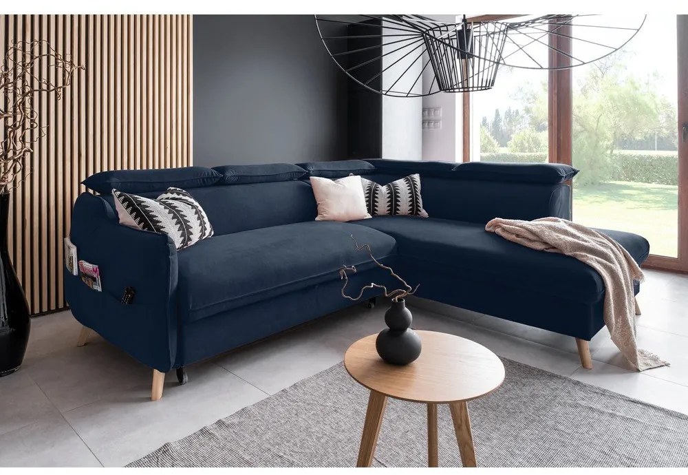 Tmavomodrá zamatová rozkladacia rohová pohovka (pravý roh) Sweet Harmony – Miuform