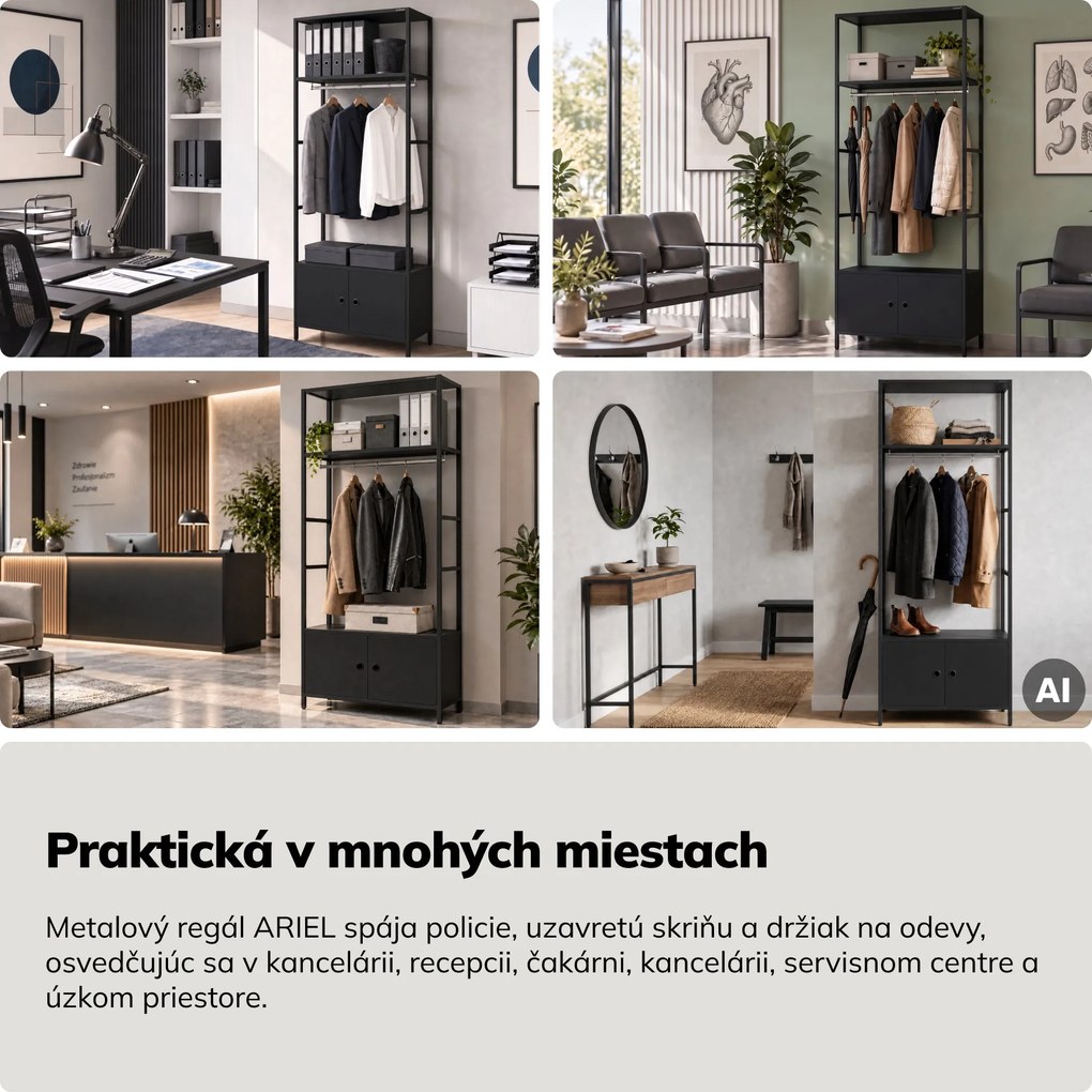 Kancelársky regál otvorený s tyčou na oblečenie, do recepcie a čakárne, kovový, čierny, 800x2200x400 mm: ARIEL