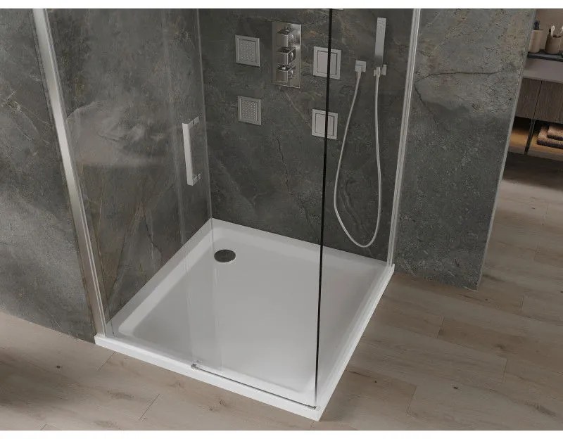 Mexen Omega, sprchovací kút s posuvnými dverami 100 (dvere) x 100 (stena) cm, 8mm číre sklo, chrómový profil + slim sprchová vanička 5cm, 825-100-100-01-00-4010