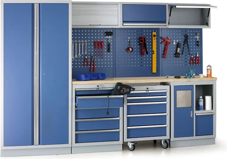 Zásuvkový dielenský box k pracovnej doske G2, 4 zásuvky, 680 x 455 x 910 mm, modrá