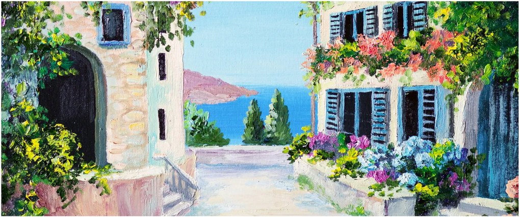 Obraz - Grécka ulička, olejomaľba (120x50 cm)