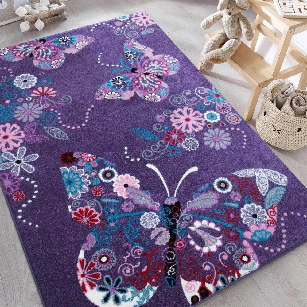 DY Detský fialový koberec Motýliky - rôzne rozmery Rozmer: 300 x 400 cm