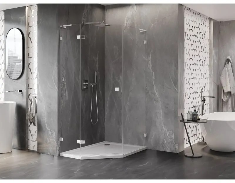 Mexen Lunar, L päťuholníkový sprchový kút naklápací doľava 90 x 100 cm, 8mm číre sklo, chrómový profil, 831L-090L-100P-01-00-L