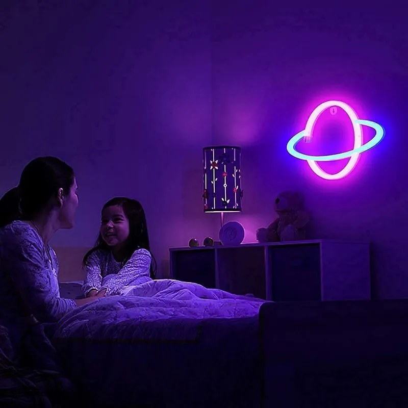 ACA Lighting Neónová lampička - Saturn, 3x AA batérie/USB kábel, IP20, modrá + ružová farba