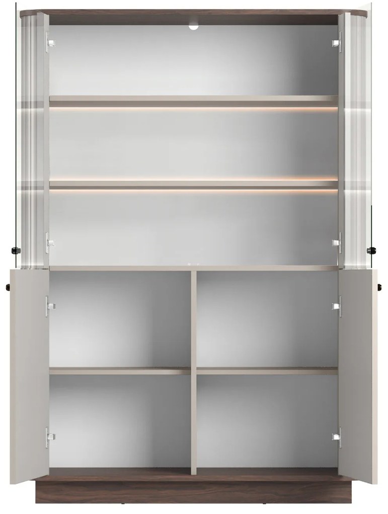 Vitrína Vesper 103 cm štvordverová na sokli - kašmír / orech / čierne úchyty