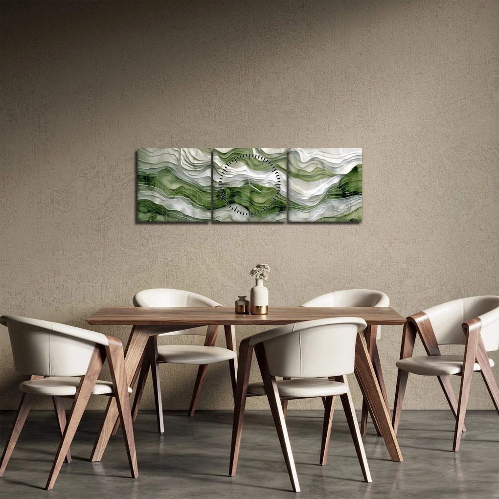 Obraz - Zelenobiele vlnky (s hodinami) (90x30 cm)