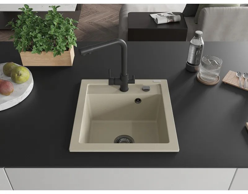 Mexen Vito, 1-komorový granitový drez 520x490x210 mm, čierna matná batéria Duero, béžová, 6503-69-671600-70