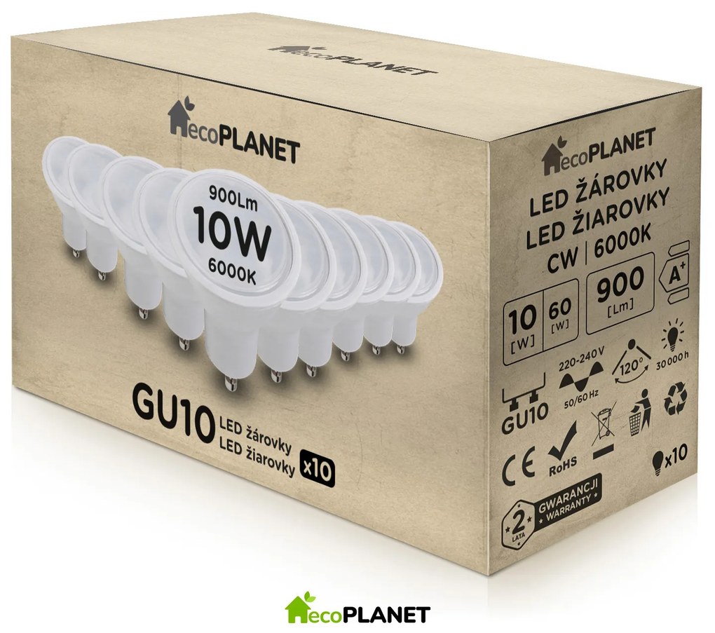 BERGE 10x LED žiarovka - GU10 - ECOPLANET - 10W - 900Lm - studená biela