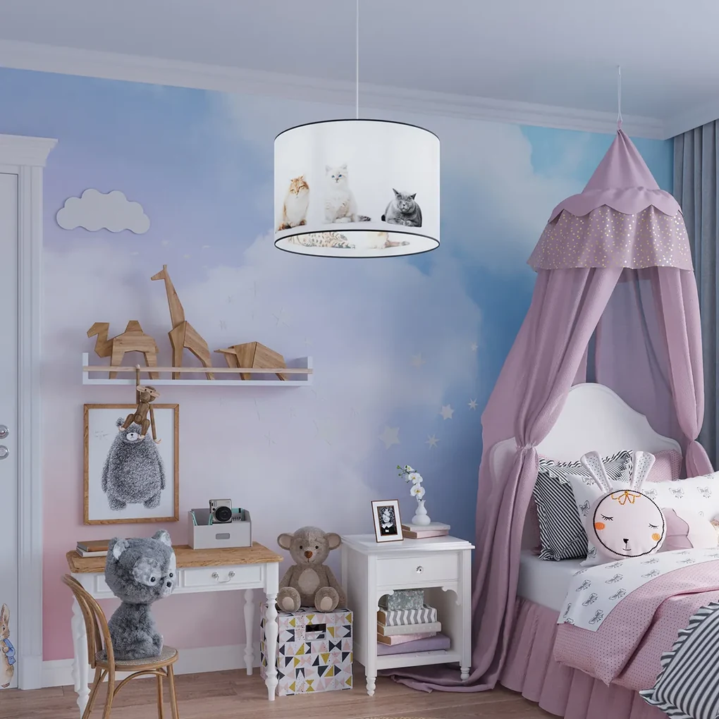 Detské závesné svietidlo Kitty, 1x plastové tienidlo so vzorom, (fi 30 cm)