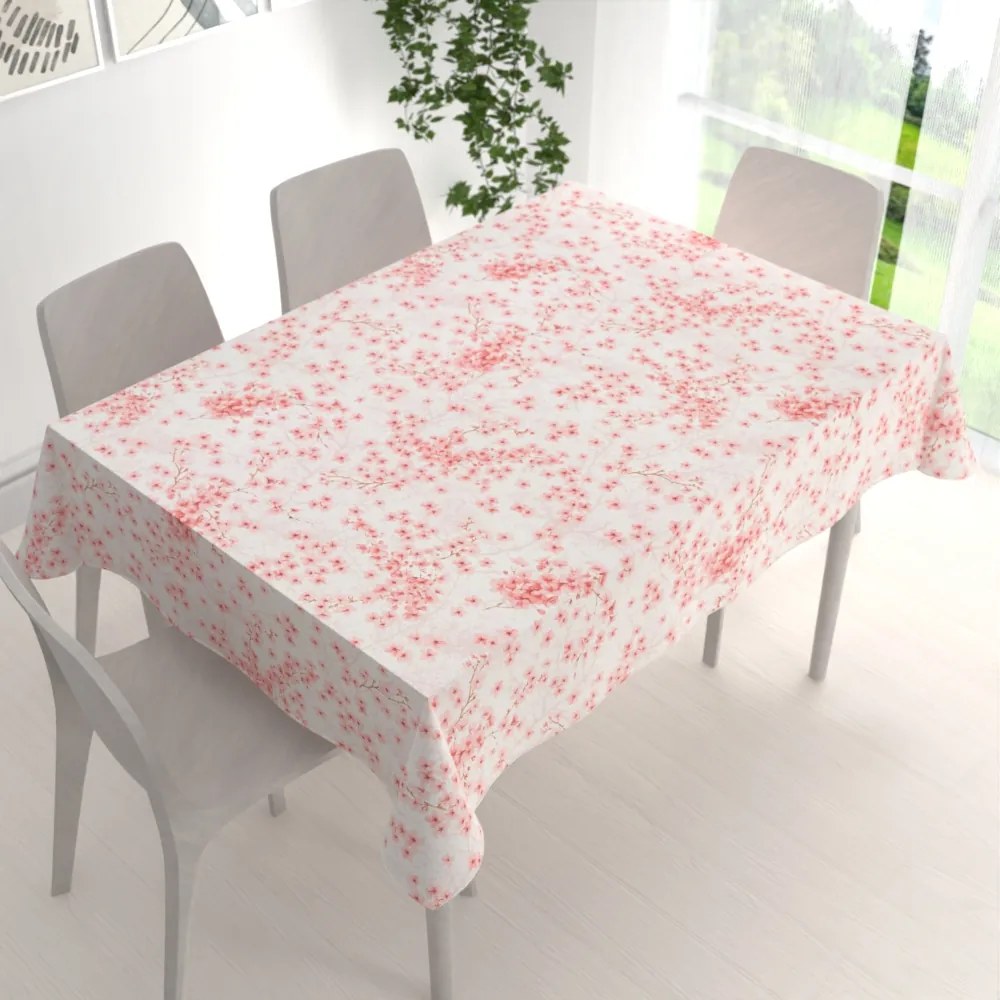 Biante Bavlnený obdĺžnikový obrus Sandra SA-633 Ružové čerešňové kvety na bielom 50x100 cm