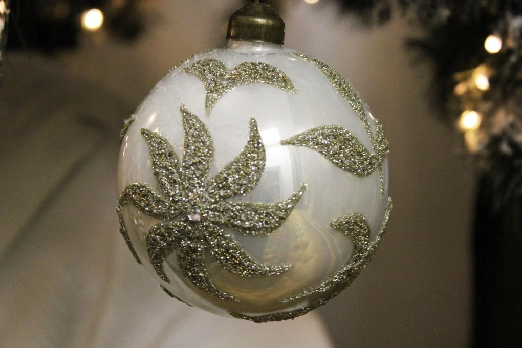 Bielo zlaté zdobené vianočné gule 4ks 10cm
