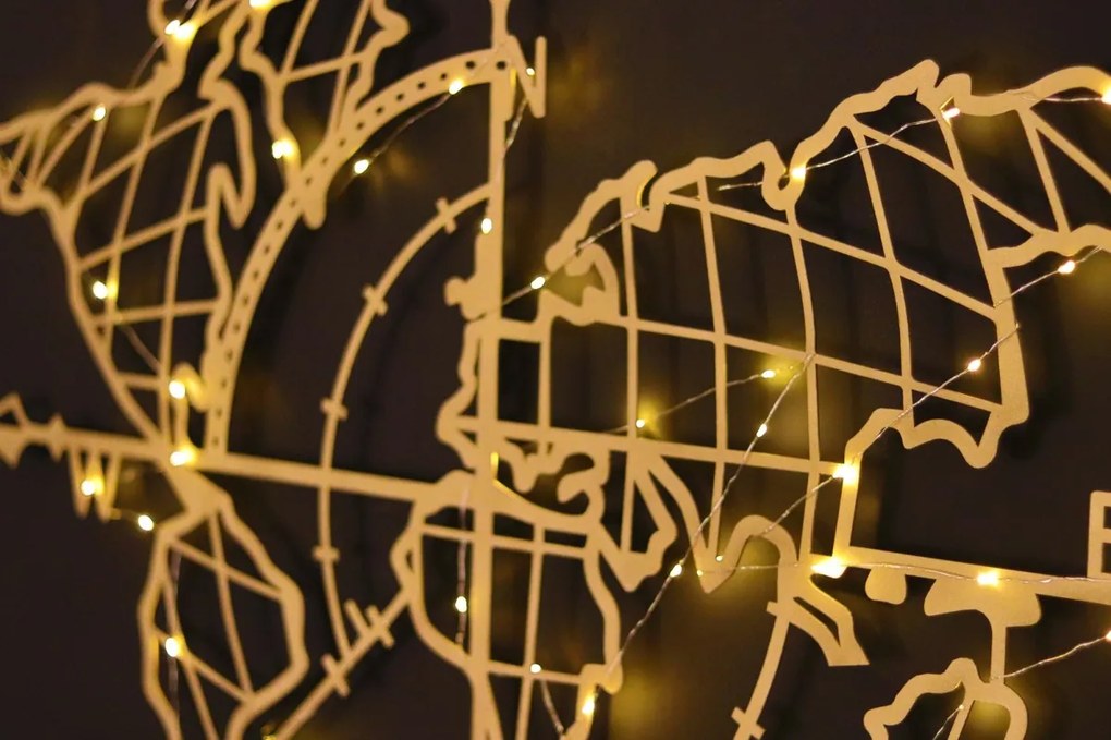 Nástenná dekorácia Svetová mapa Kompas Led zlatá