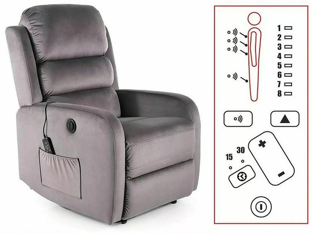 Elektrické polohovací křeslo Pegaz Velvet s masáží šedé