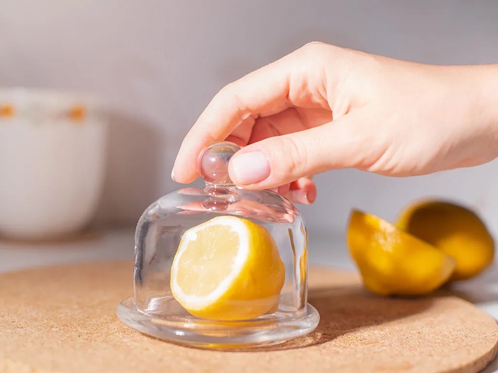 ALTOM Sklenená dóza na citrón, tácka s poklopom zo skla, CITRÓN, 10x10