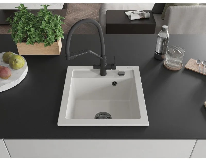 Mexen Vito, 1-komorový granitový drez 520x490x210 mm, drezová batéria Duo, biela, 6503-20-671701-70-B