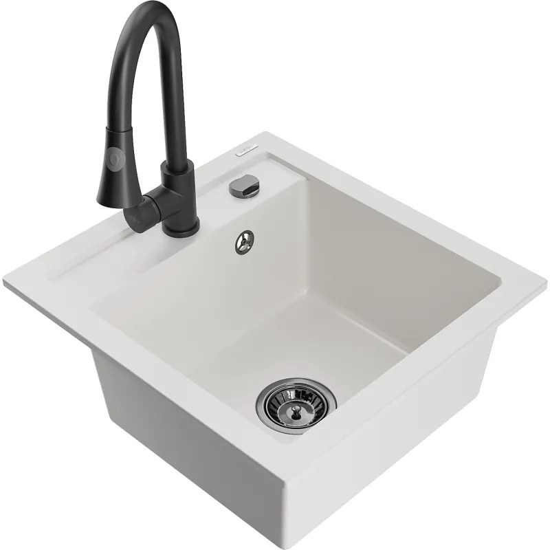 Mexen Vito, 1-komorový granitový drez 490x520x210 mm a drezová batéria Elia, biela, 6503-20-670101-70
