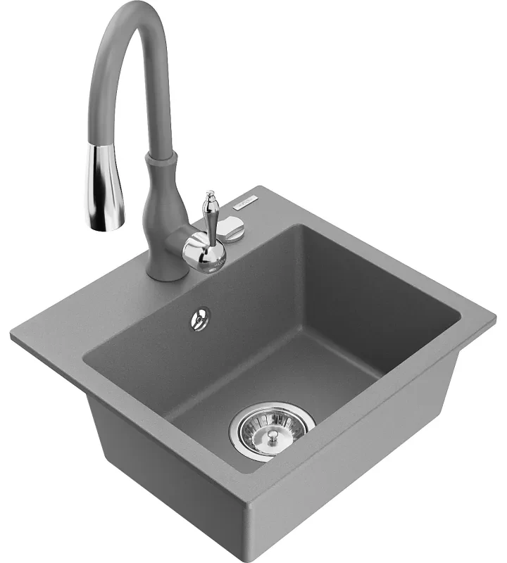 Mexen Milo, 1-komorový granitový drez 435x410x171 mm a drezová batéria Savita, šedá, 6505-71-672601-71