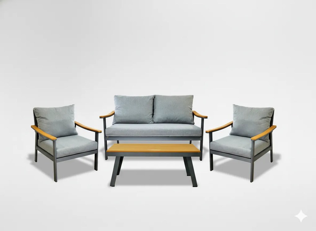 Garden Line LUBLANA HLINÍKOVÁ SÚPRAVA NÁBYTKU (SOFA + 2 KRESLÁ + STÔL) ŠEDÁ + ŠEDÉ VANKÚŠE *9545