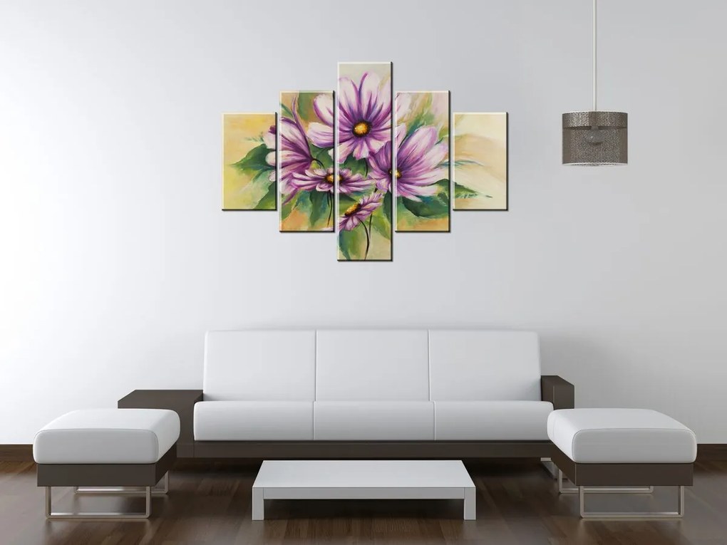 Gario Ručne maľovaný obraz Kvety a zeleň - 5 dielny Rozmery: 100 x 70 cm