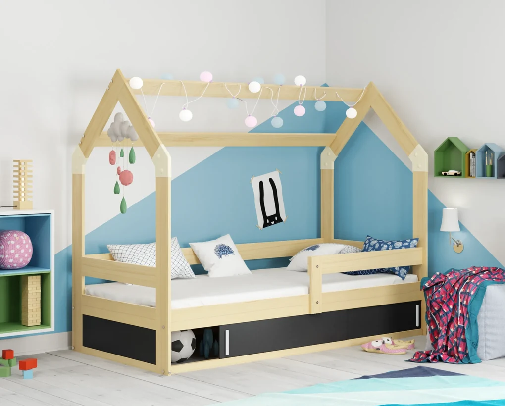 Interbeds BMS Group Domček detská posteľ Prírodná 80x160 s grafitová zásuvkou