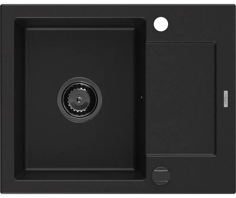 Mexen Enzo, granitový drez 576x465x174 mm, 1-komorový, čierna s čiernym sifónom, 6506571005-77-B