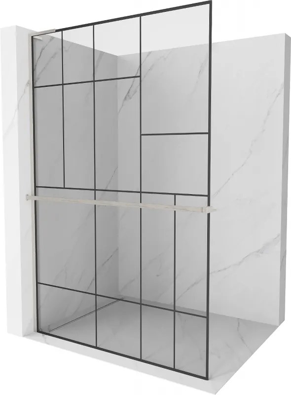 Mexen Kioto+ L, sprchová zástena Walk-In s poličkou a vešiakom 80 x 200 cm, 8mm číre sklo čierny vzor, brúsená oceľ profil, 800-080-123-97-78