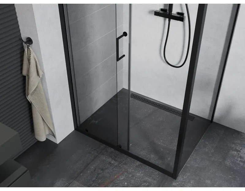 Mexen Apia, sprchový kút s posuvnými dverami 125 (dvere) x 70 (stena) cm, 6mm číre sklo, čierny profil, 840-125-070-70-00