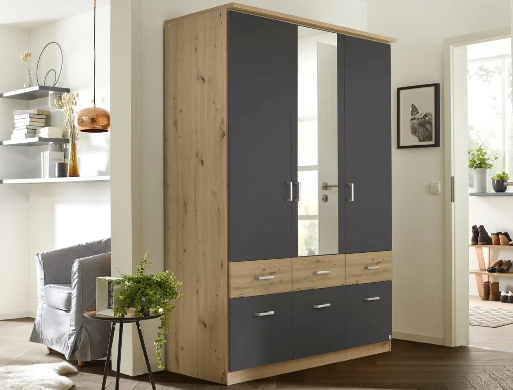 Šatníková skriňa so zrkadlom Bremen, 136 cm, dub artisan/tmavo šedá