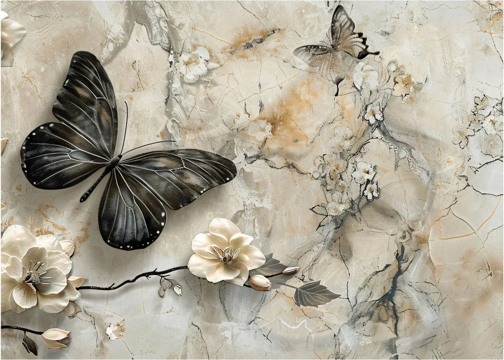 Sklenený obraz - Mramorové pozadie s motýľmi (70x50 cm)