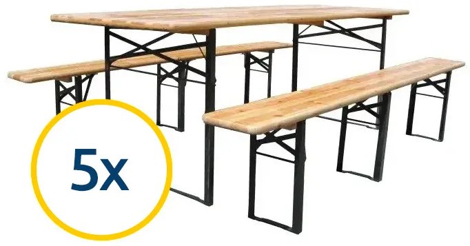5 x Skladacie pivný set 220 x 50 x 25 cm | 3 nohy na lavici
