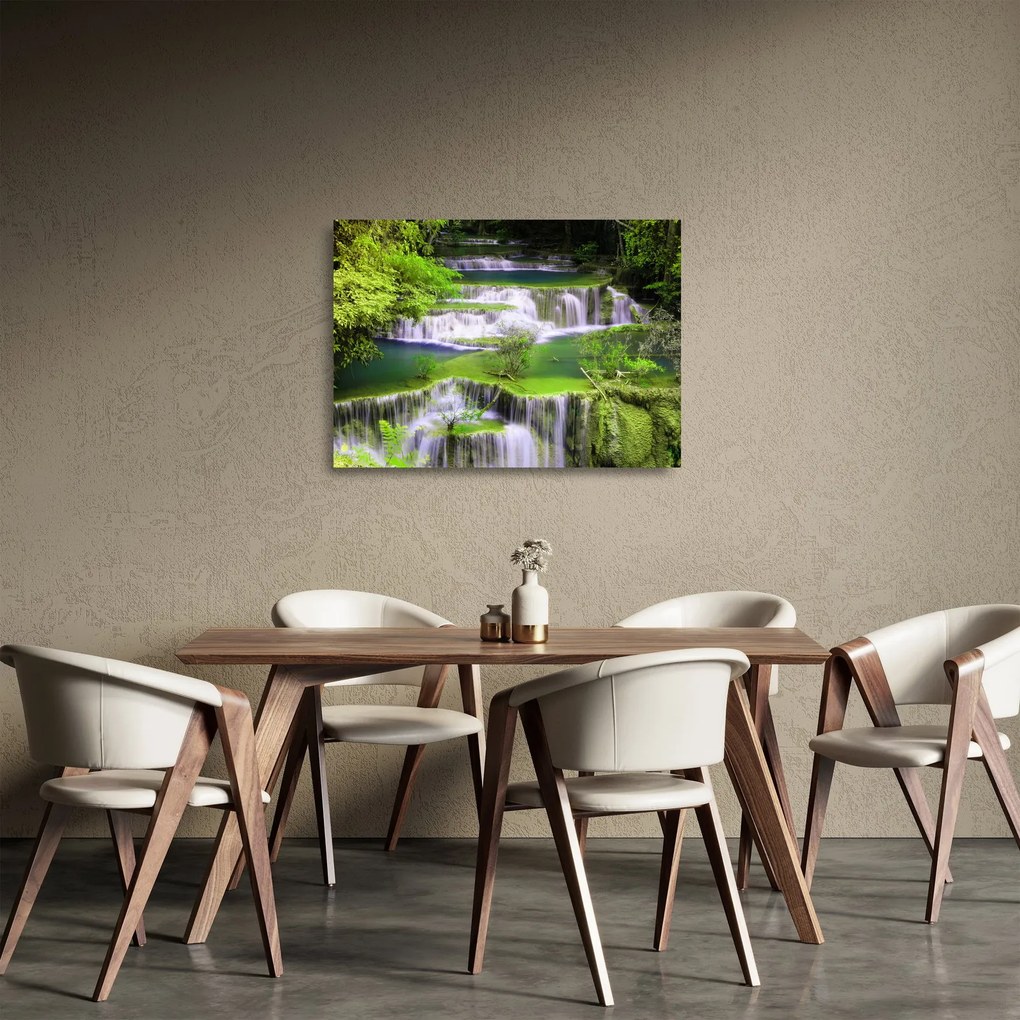 Sklenený obraz - Vodopády Huay Mae Khamin, Kanchanaburi, Thajsko (70x50 cm)
