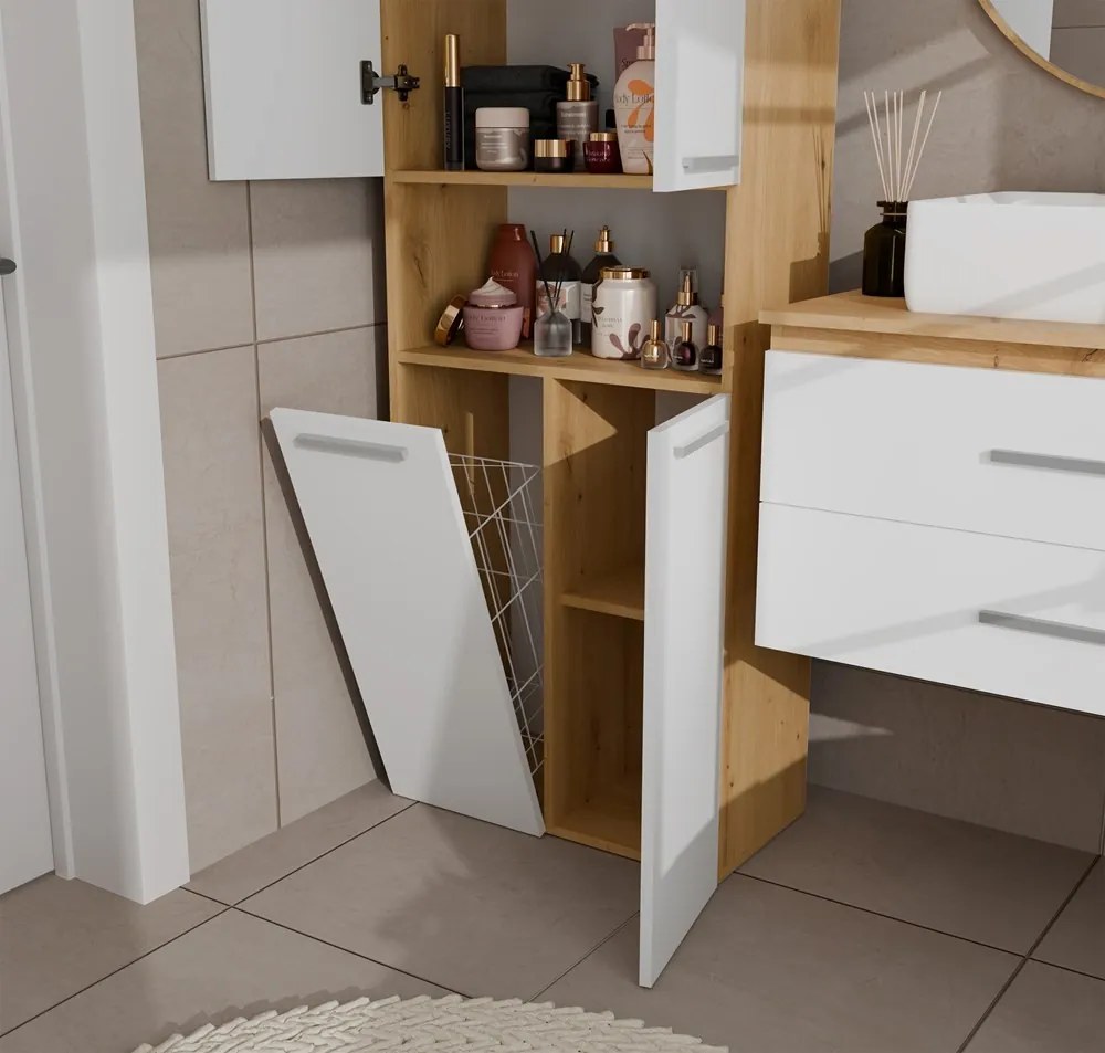 Koupelnová skříňka s košem na prádlo NEL 1K DK bílá/dub Artisan