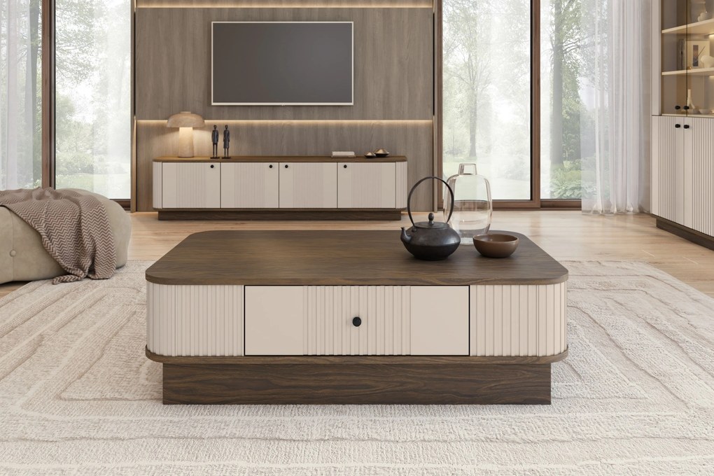 Konferenčný stolík Vespera 103x60 cm na sokli - kašmírová / orech / čierna