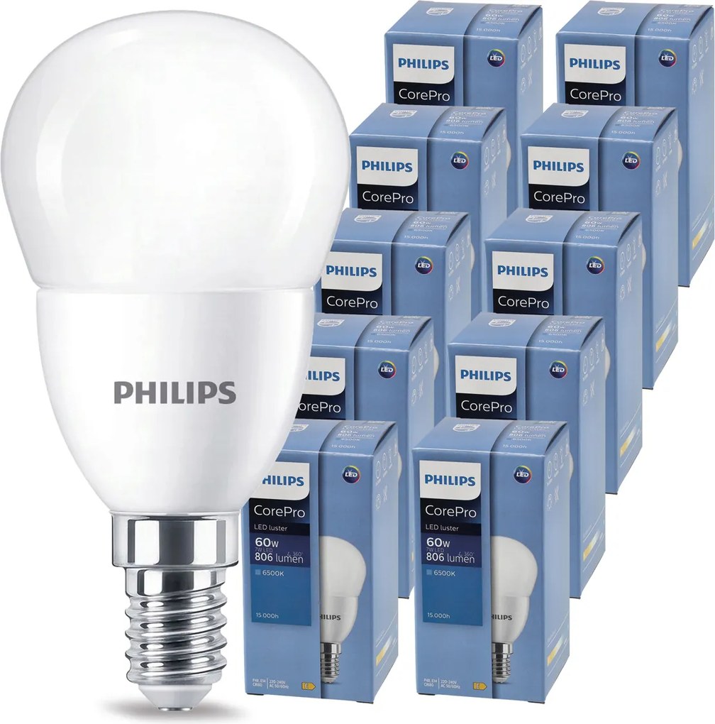 10x LED žiarovka PHILIPS E14 72 – studená farba 6500K 230V CorePro