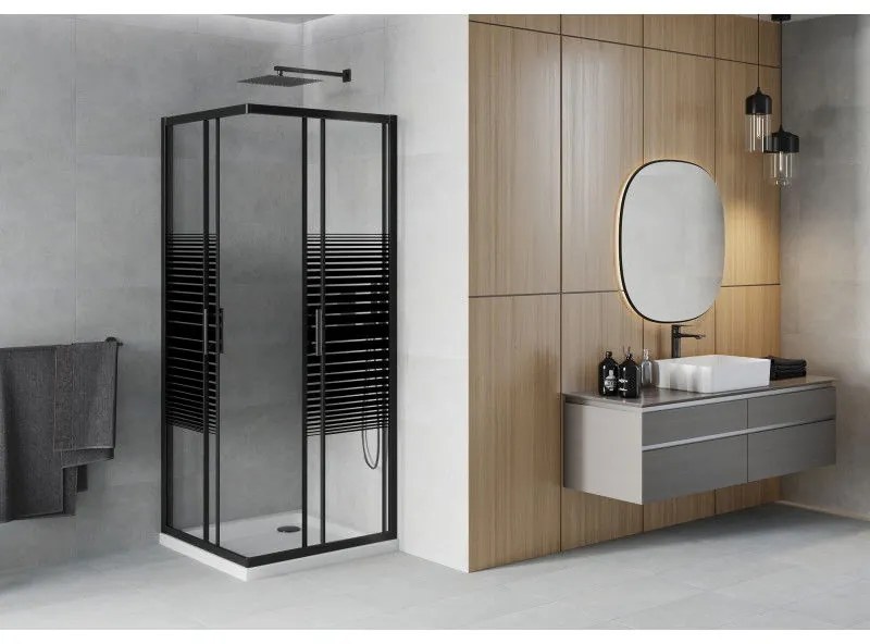 Mexen Rio, štvorcový sprchovací kút s posuvnými dverami 80(dvere) x 80(dvere) x 190 cm, 6mm číre sklo s pásikmi, čierny profil + biela sprchová vanička SLIM, 860-080-080-70-20-4010B