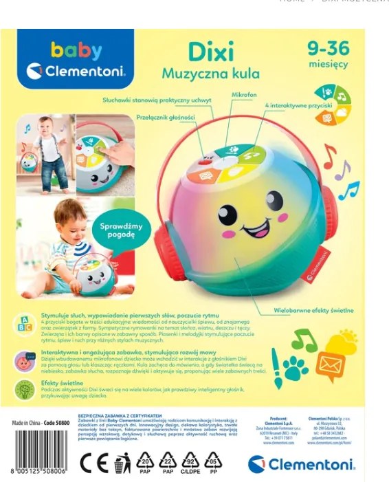 Interaktívna hudobná lopta DIXI Mikrofón Poľský jazyk Clementoni 50800