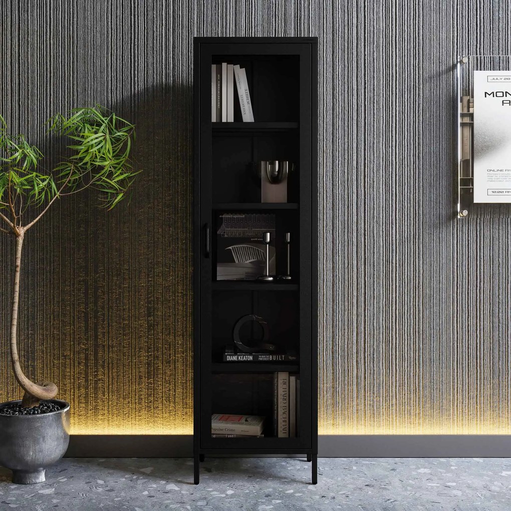 Čierna sklenená vitrína do obývačky z kovu na nožičkách LUIGI Modern 500 x 1800 x 350 mm