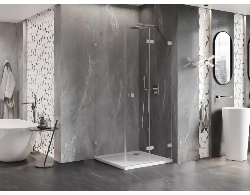 Mexen Lunar-F, 1-krídlový sprchový kút so skladacími dverami, pravý, 90 x 90 cm, 8mm číre sklo, brúsená oceľ profil, 836-090-090-97-00-P