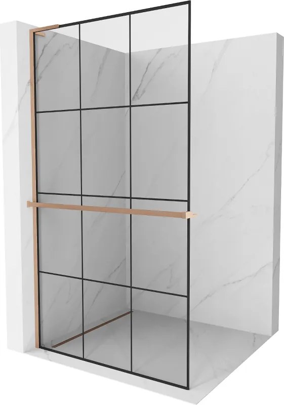 Mexen Kioto+ L, sprchová zástena Walk-In s poličkou a vešiakom 120 x 200 cm, 8mm číre sklo čierny vzor, medený matný profil, 800-120-123-65-77