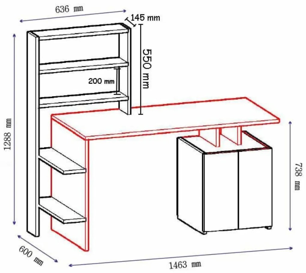 Písací stôl Melis s vstavaným regálom a skrinkou biela/antracit