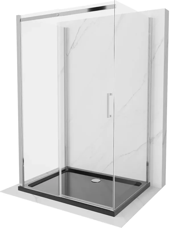 Mexen Omega, 3-stenový sprchovací kút s posuvnými dverami 140 (dvere) x 90 (stena) x 190 cm, 8mm číre sklo, chrómový profil + čierna sprchová vanička SLIM, 825-140-090-01-00-3S-4070