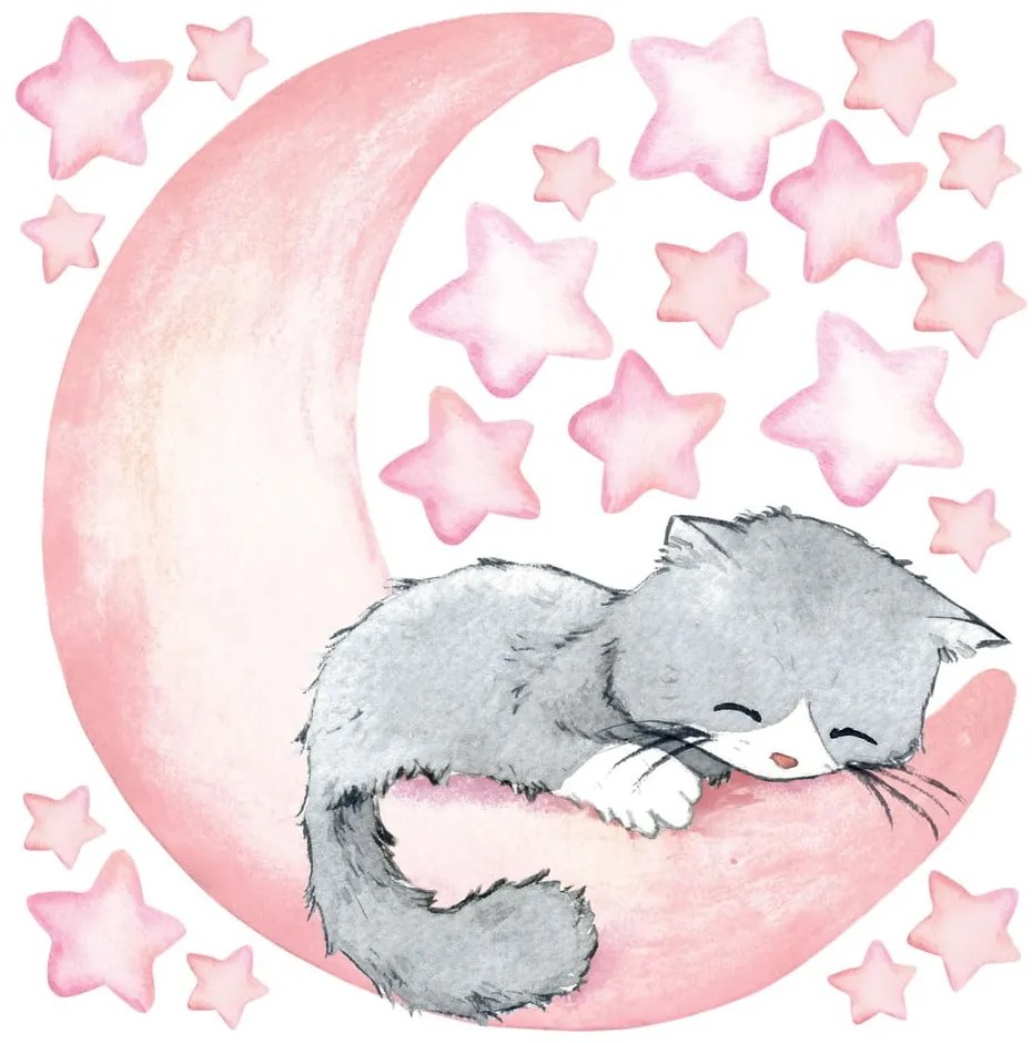 Ružové detské samolepky na stenu Ambiance Magic Cat