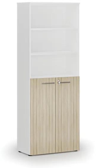 Kombinovaná kancelárska skriňa PRIMO WHITE, dvere na 3 poschodia, 2128 x 800 x 420 mm, biela/dub prírodná