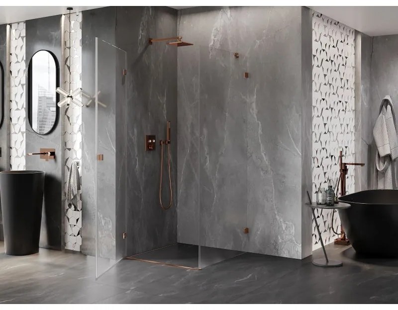 Mexen Lunar-B, výklopný sprchový kút ľavý 80 x 80 cm, 8mm číre sklo, profil ružové zlato, 832-080-080-60-00-L