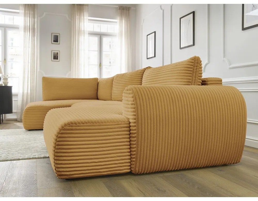 Menčestrová rozkladacia/s úložným priestorom rohová pohovka v horčicovej farbe (ľavý roh/do tvaru "U") Lucien – Bobochic Paris