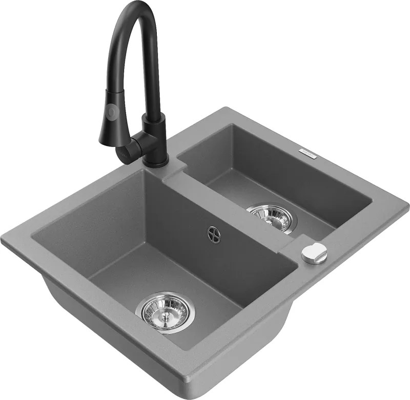 Mexen Carlos granitový 1,5-komorový drez s kuchynskou batériou Elia, Šedá - 6518-71-670101-70